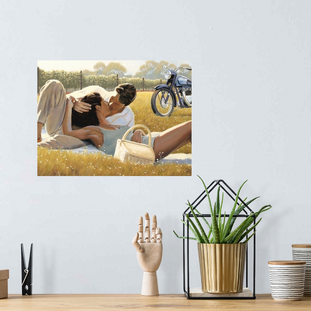 A bohemian room featuring Contemporary painting of a man and woman kissing in a meadow.