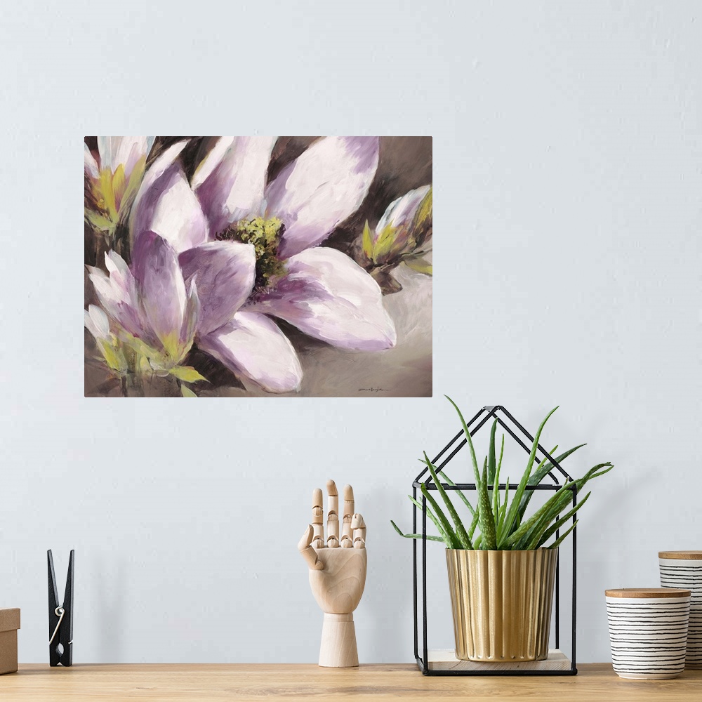 A bohemian room featuring Contemporary painting of a purple magnolia flower.