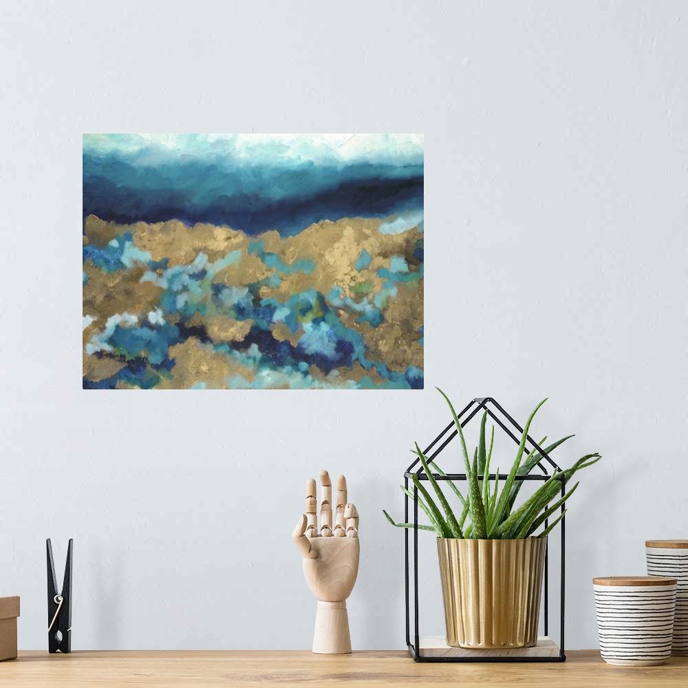 A bohemian room featuring Contemporary abstract painting using gold and various tone of blue green.