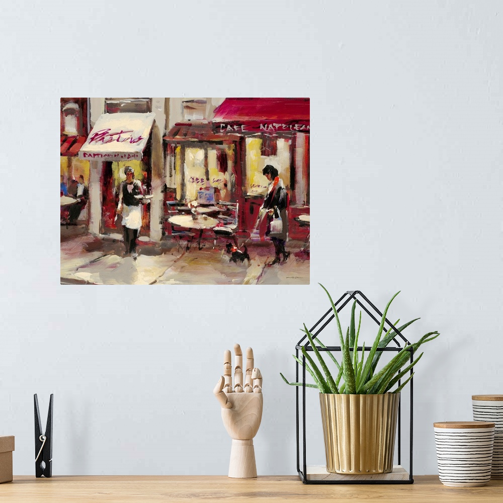 A bohemian room featuring Contemporary painting of a woman walking along a sidewalk approaching a bistro.