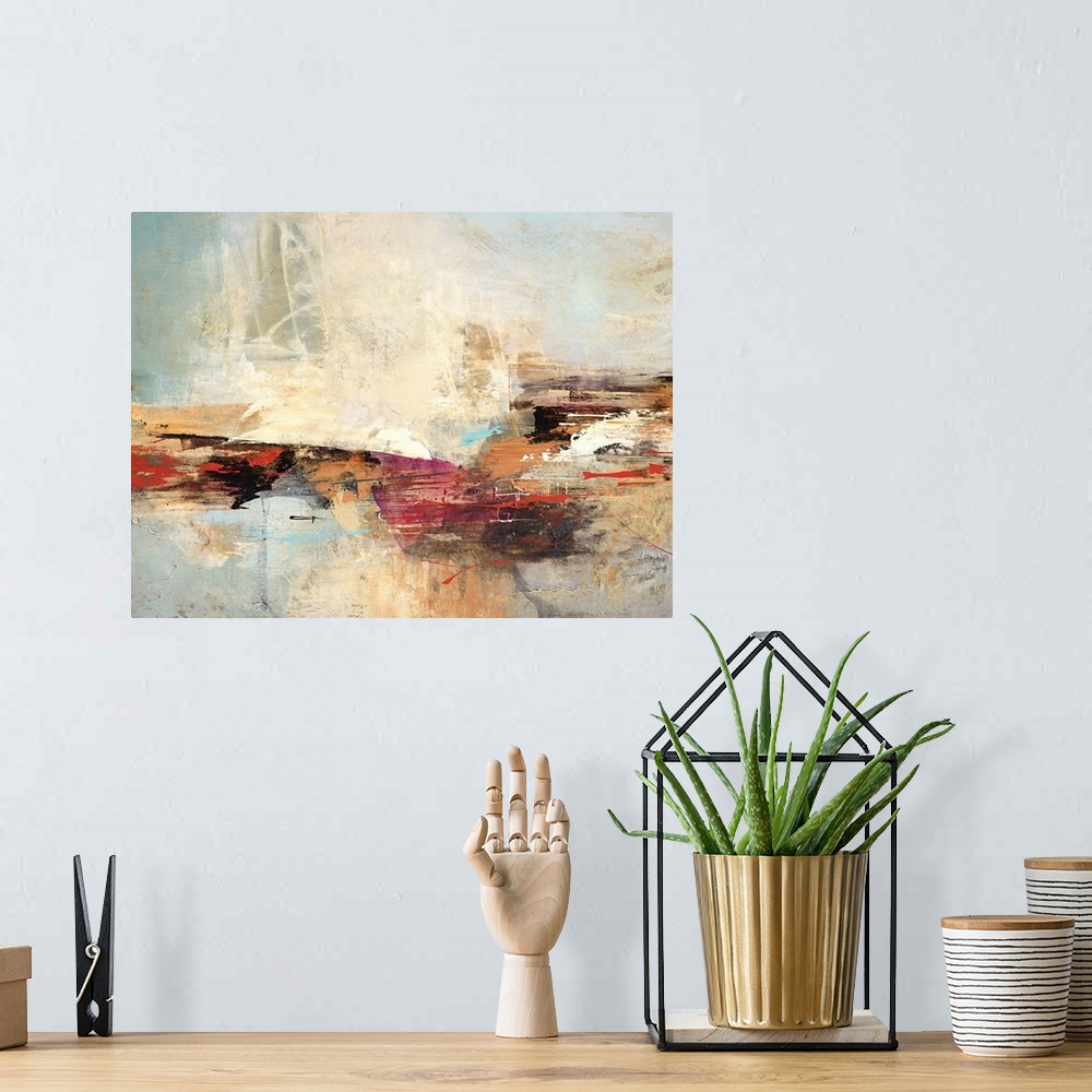 A bohemian room featuring Contemporary abstract art print in rusty shades of orange and red with heavy brush textures.