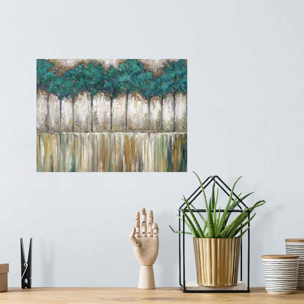 A bohemian room featuring Contemporary painting of a row of slender trees with leafy branches.