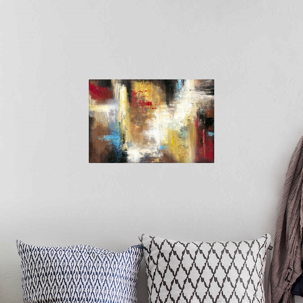 A bohemian room featuring Contemporary abstract painting using a variety of colors in smearing and striking motions.