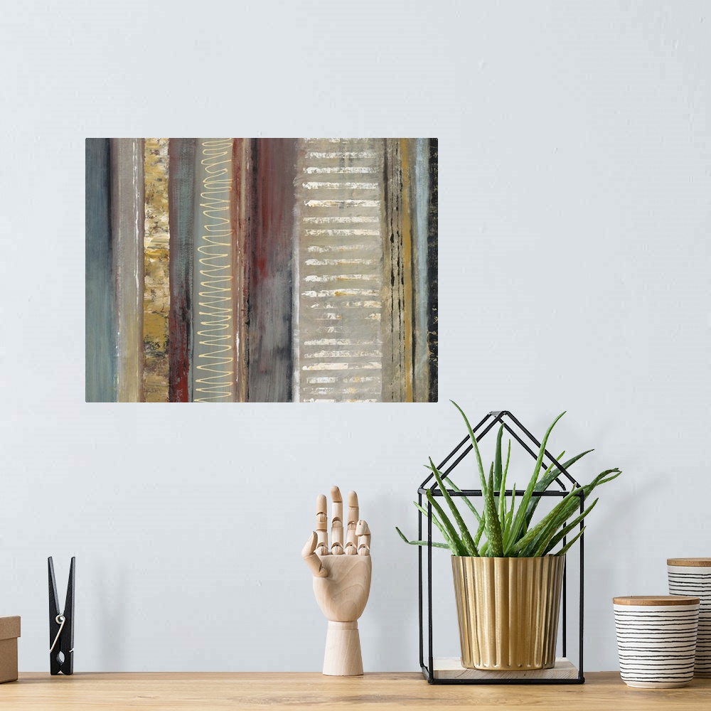 A bohemian room featuring Contemporary abstract painting of vertical lines with different patterns in earthy colors.