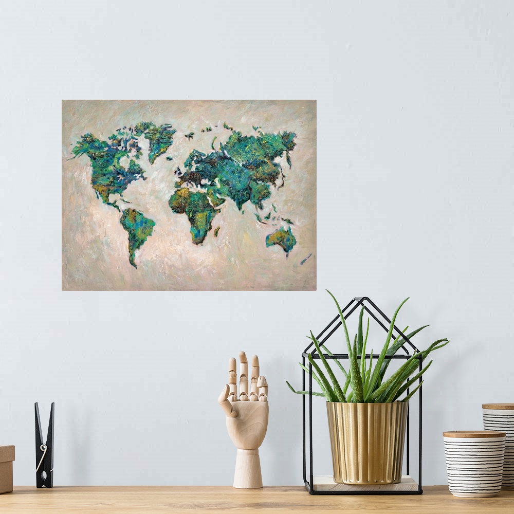 A bohemian room featuring Contemporary art print of the continents of the world in green and blue hues.