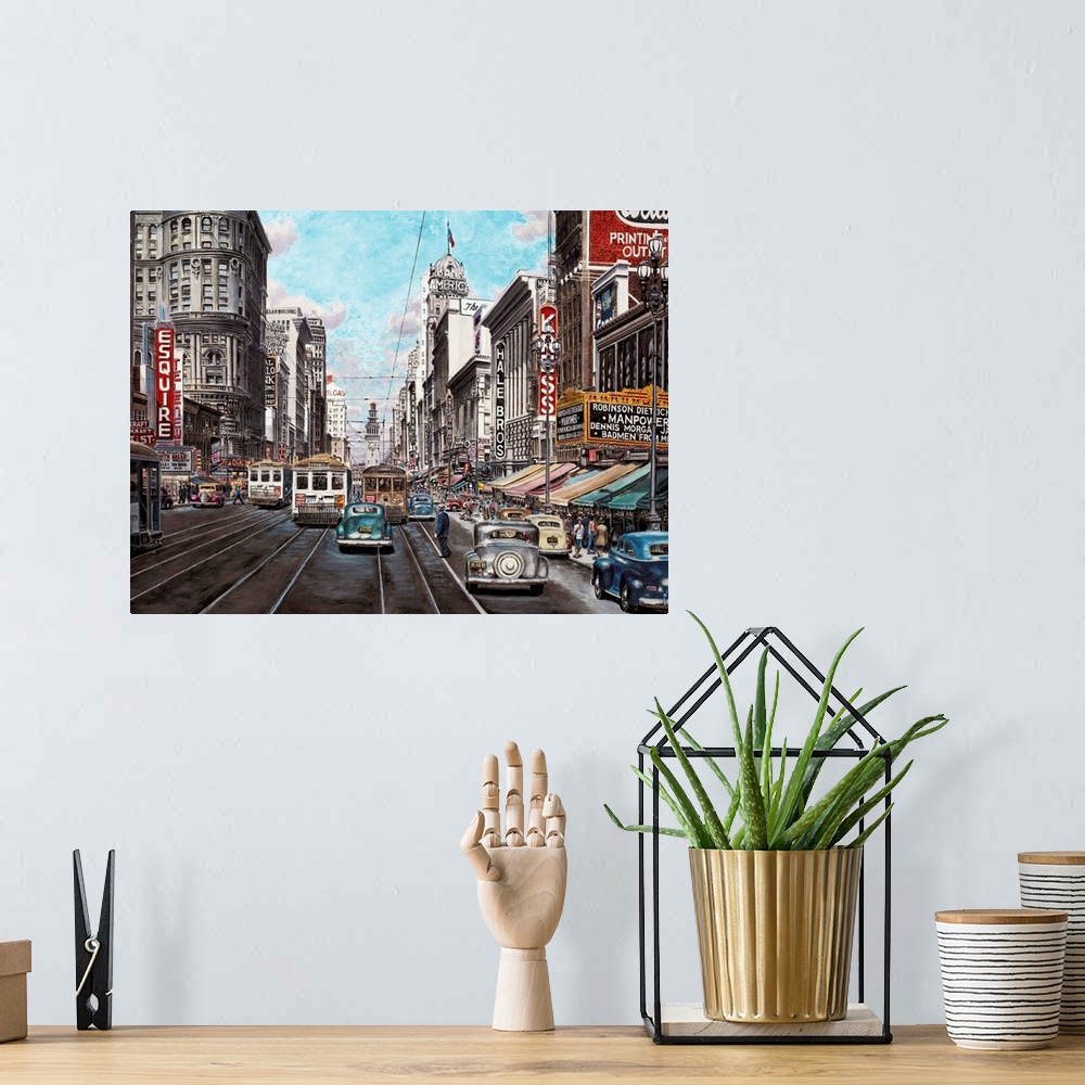 A bohemian room featuring Contemporary painting of a bustling street in San Francisco.