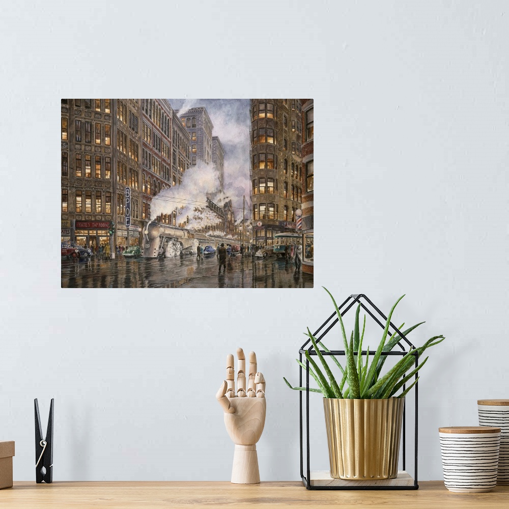 A bohemian room featuring Contemporary painting of a city scene at dusk, with a train stopped and smoke billowing from it's...