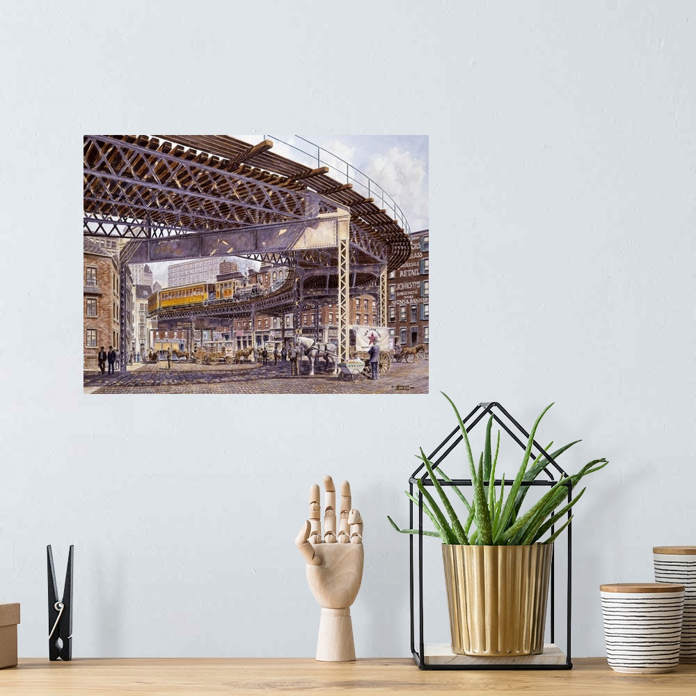 A bohemian room featuring Contemporary painting of train tracks elevated on steel girders.