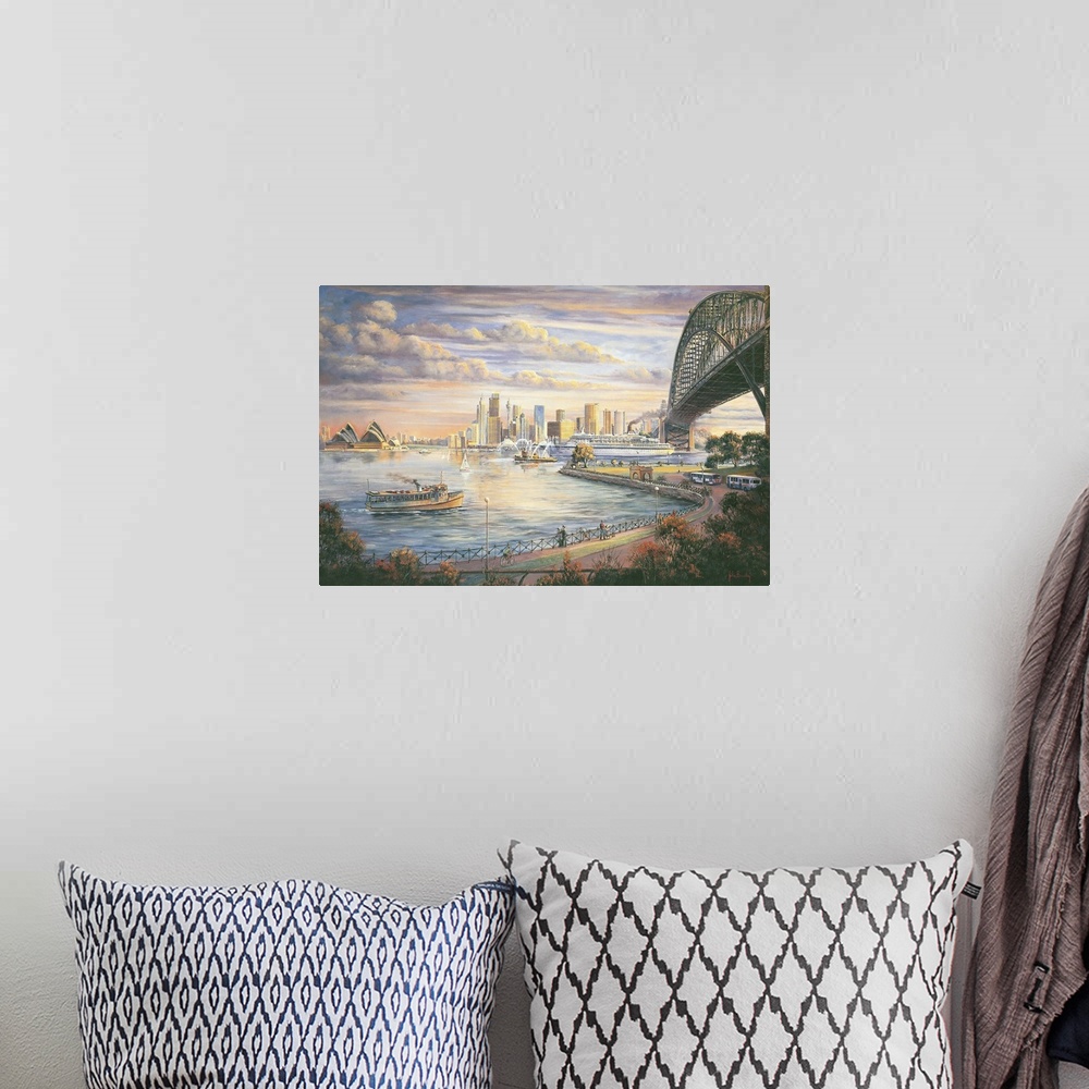 A bohemian room featuring Contemporary painting of the Sydney skyline.