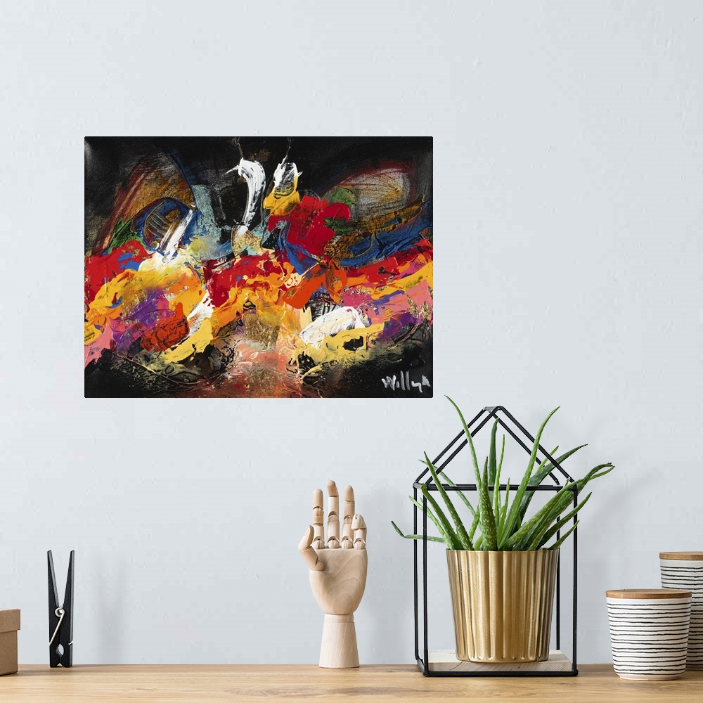 A bohemian room featuring Wild, vivid abstract full of movement, with bold brushstrokes and contrasting colors.