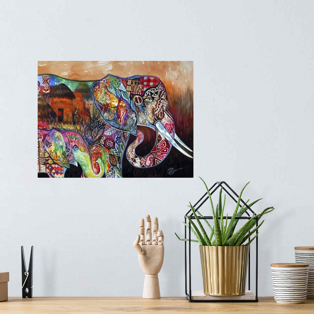 A bohemian room featuring Watercolor painting of two African Elephants with colorful markings.