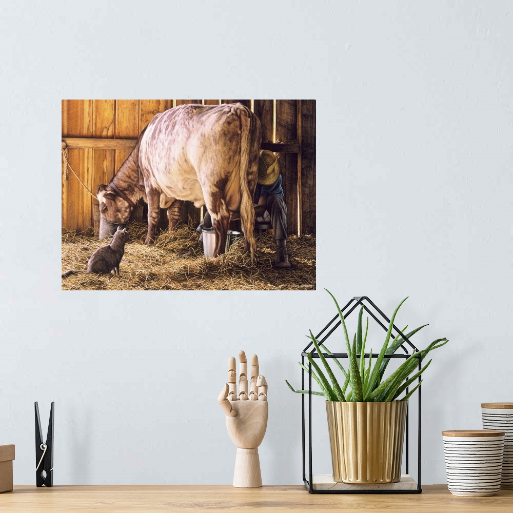 A bohemian room featuring Farmer milking a cow in the barn as a cat watches.