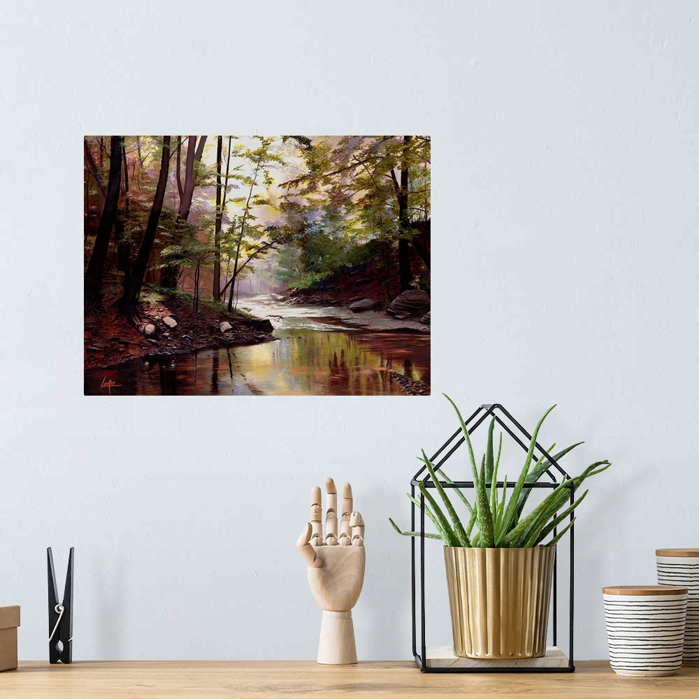 A bohemian room featuring Contemporary painting of a river passing through a forest.
