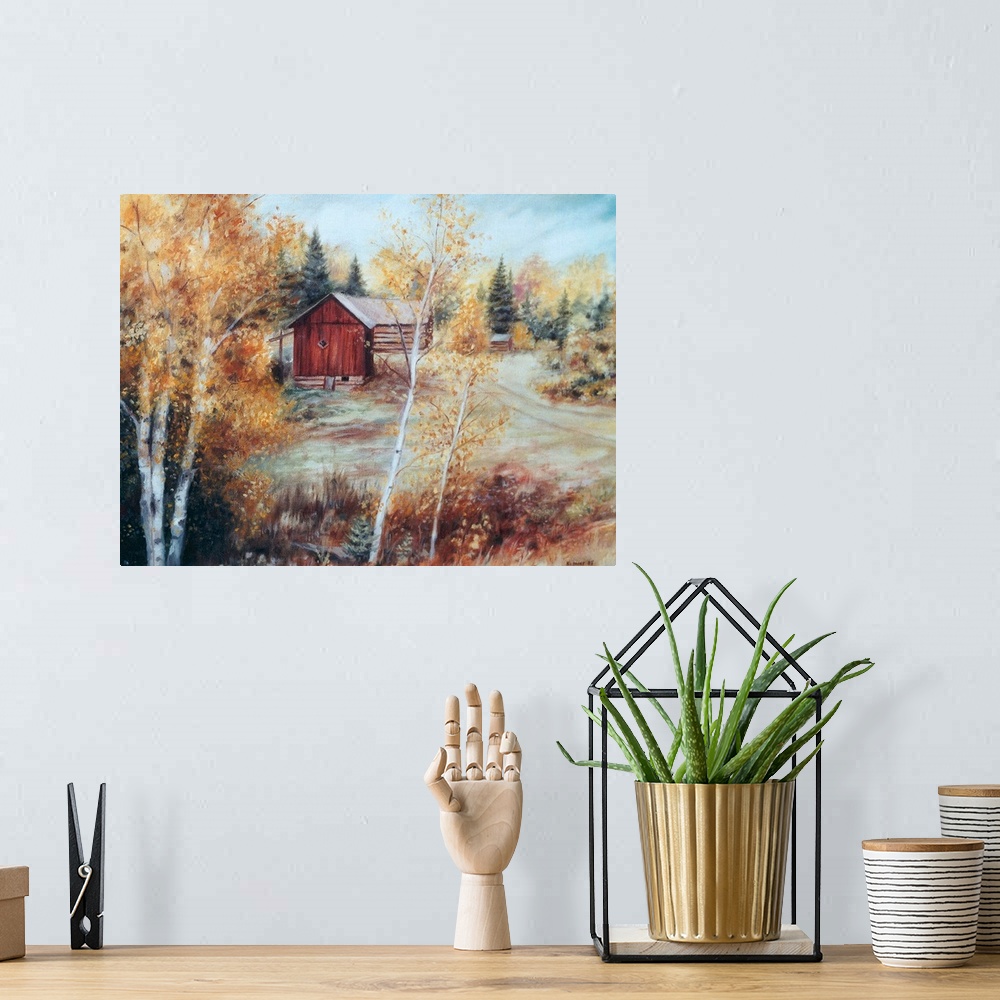 A bohemian room featuring Contemporary artwork of a barn in the fall in Ontario, Canada.