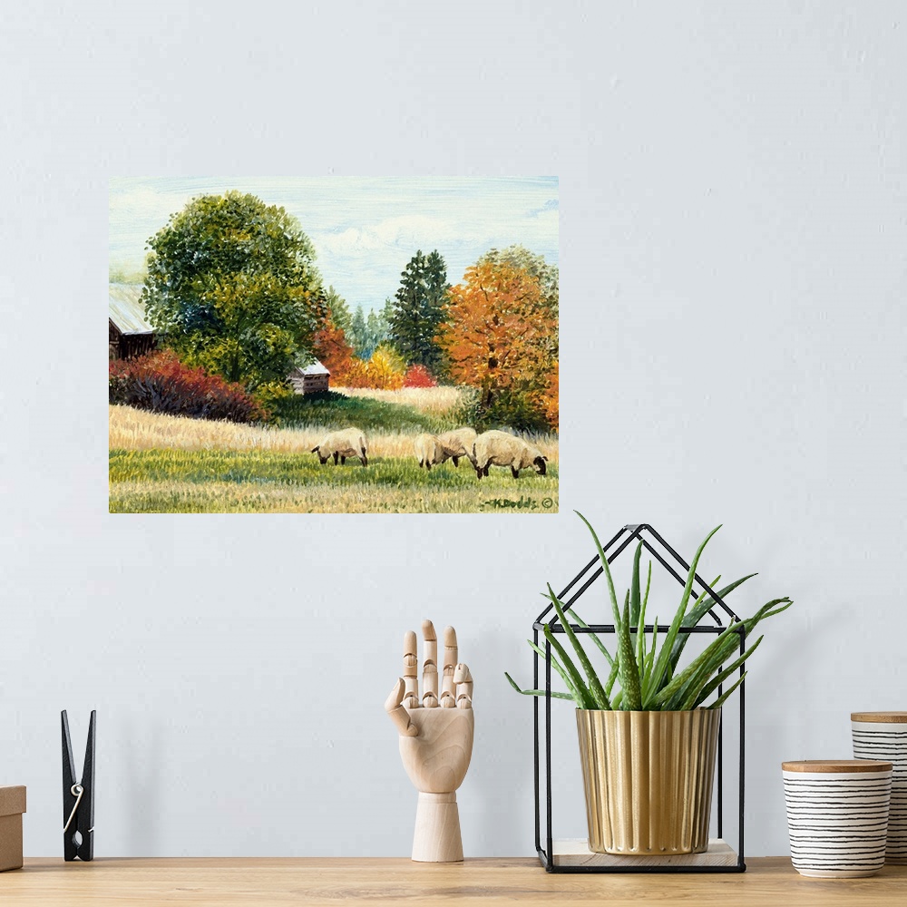 A bohemian room featuring Contemporary artwork of sheep in a field in the fall near a barn.