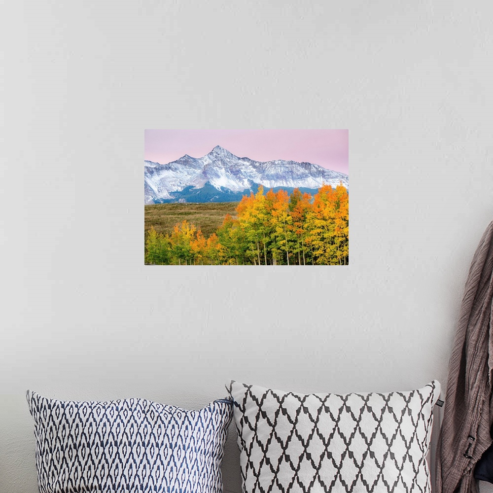 A bohemian room featuring Beautiful, bright landscape photograph of colorful Fall trees in the foreground, snowy mountains ...