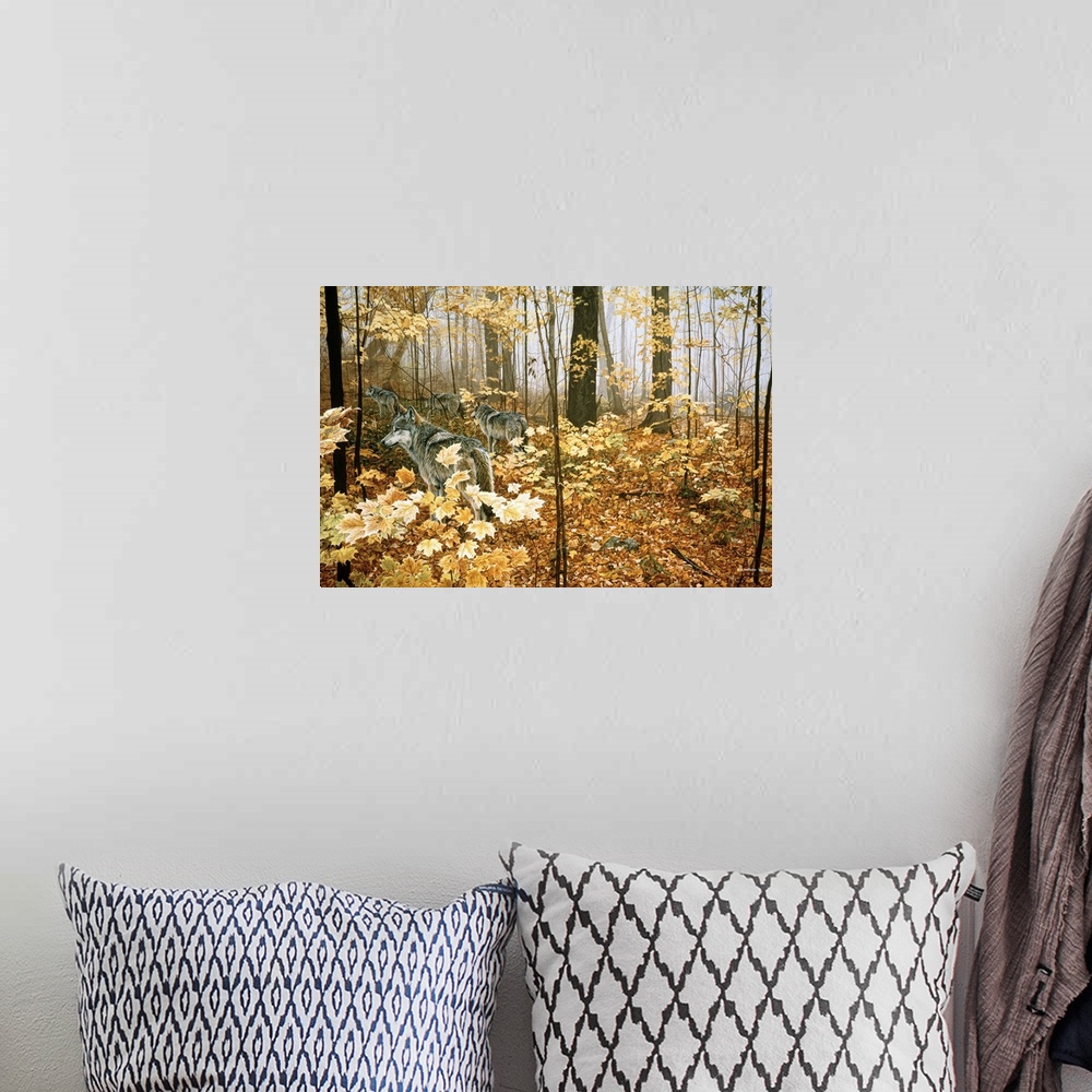A bohemian room featuring A group of wolves traveling through an autumn forest.