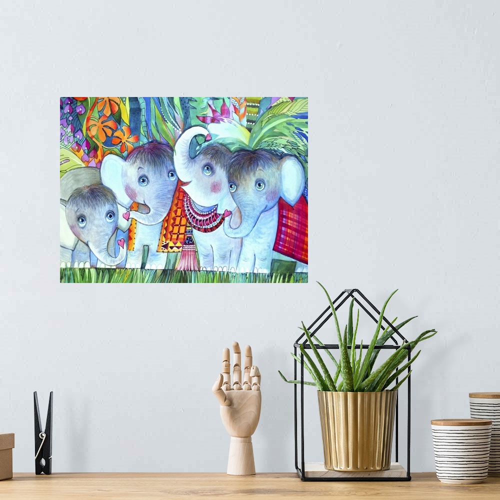 A bohemian room featuring Watercolor painting of four young elephants in the jungle.
