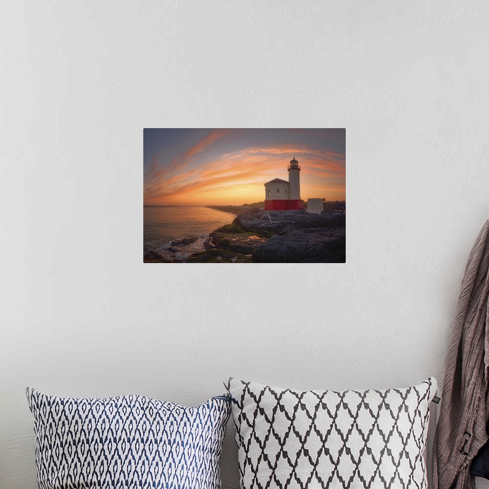 A bohemian room featuring Coquille River Light in Oregon at sunset.