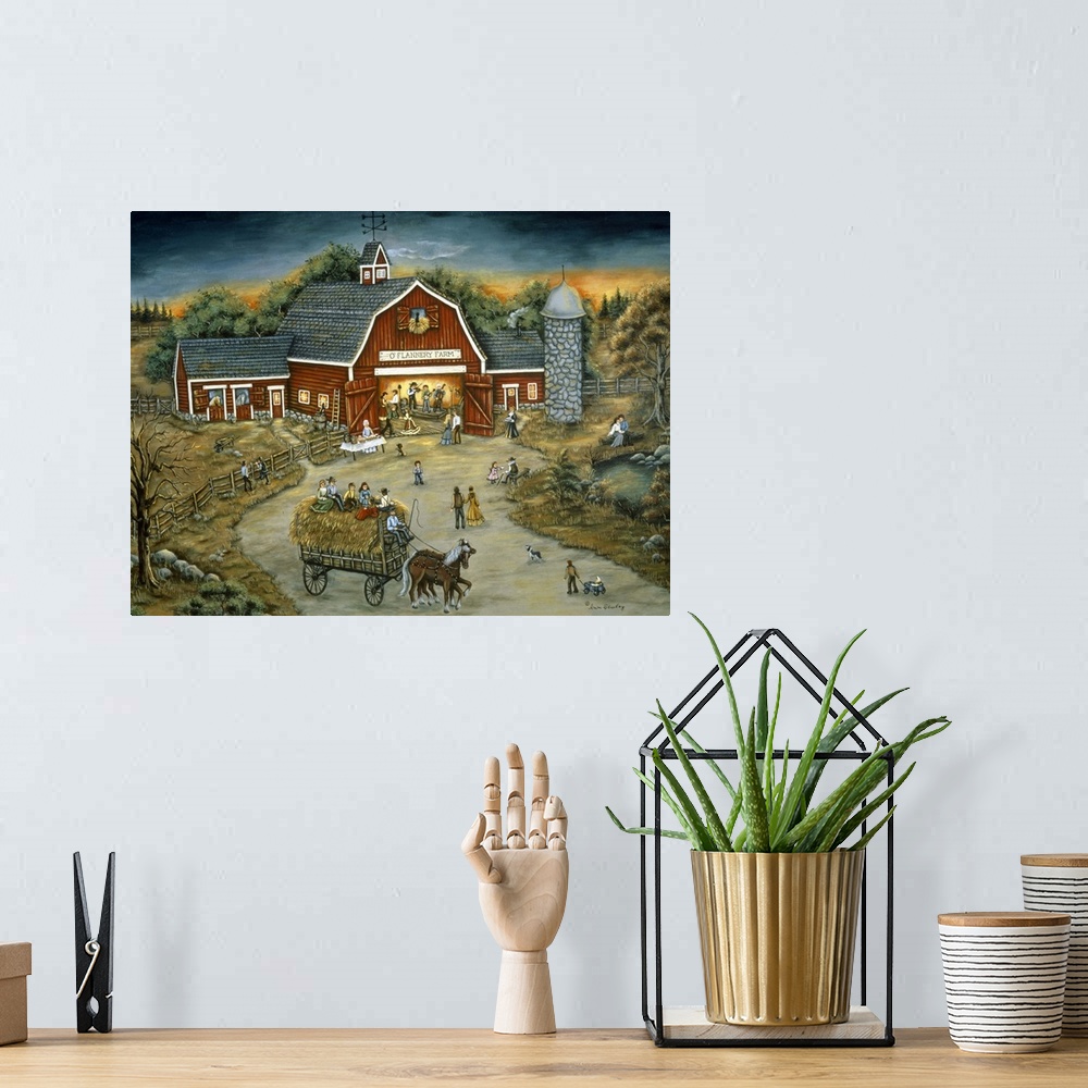 A bohemian room featuring Contemporary Americana painting of an idyllic barn scene.