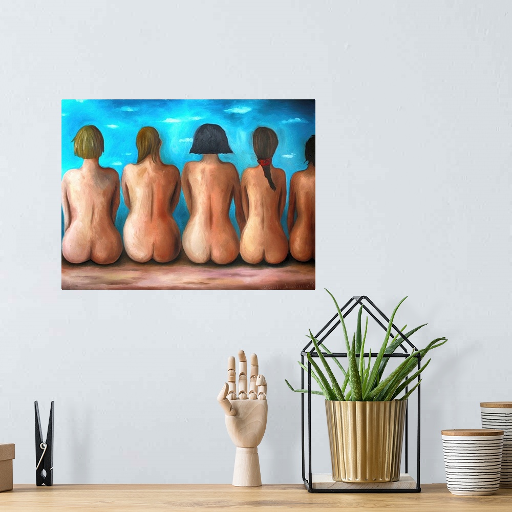 A bohemian room featuring Surrealist painting of a line of nude seated women.
