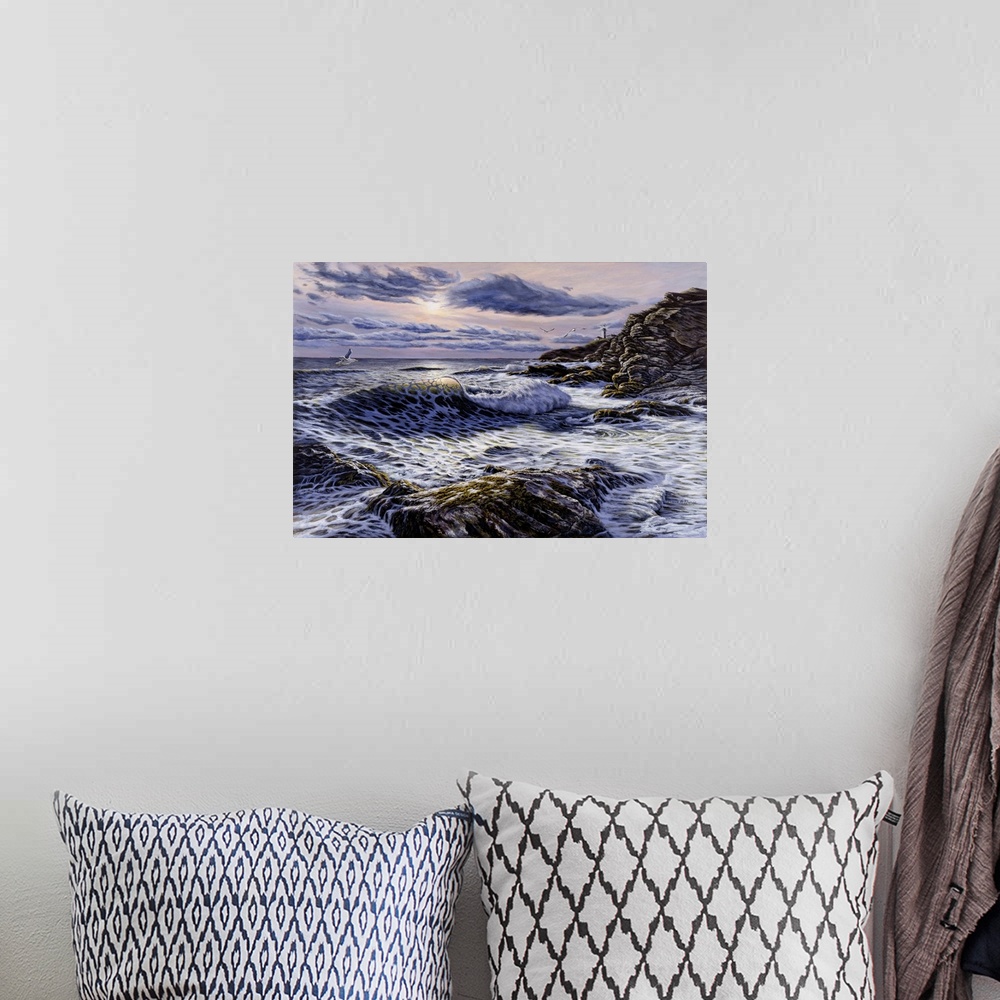 A bohemian room featuring Contemporary painting of a stormy seascape with a lighthouse.