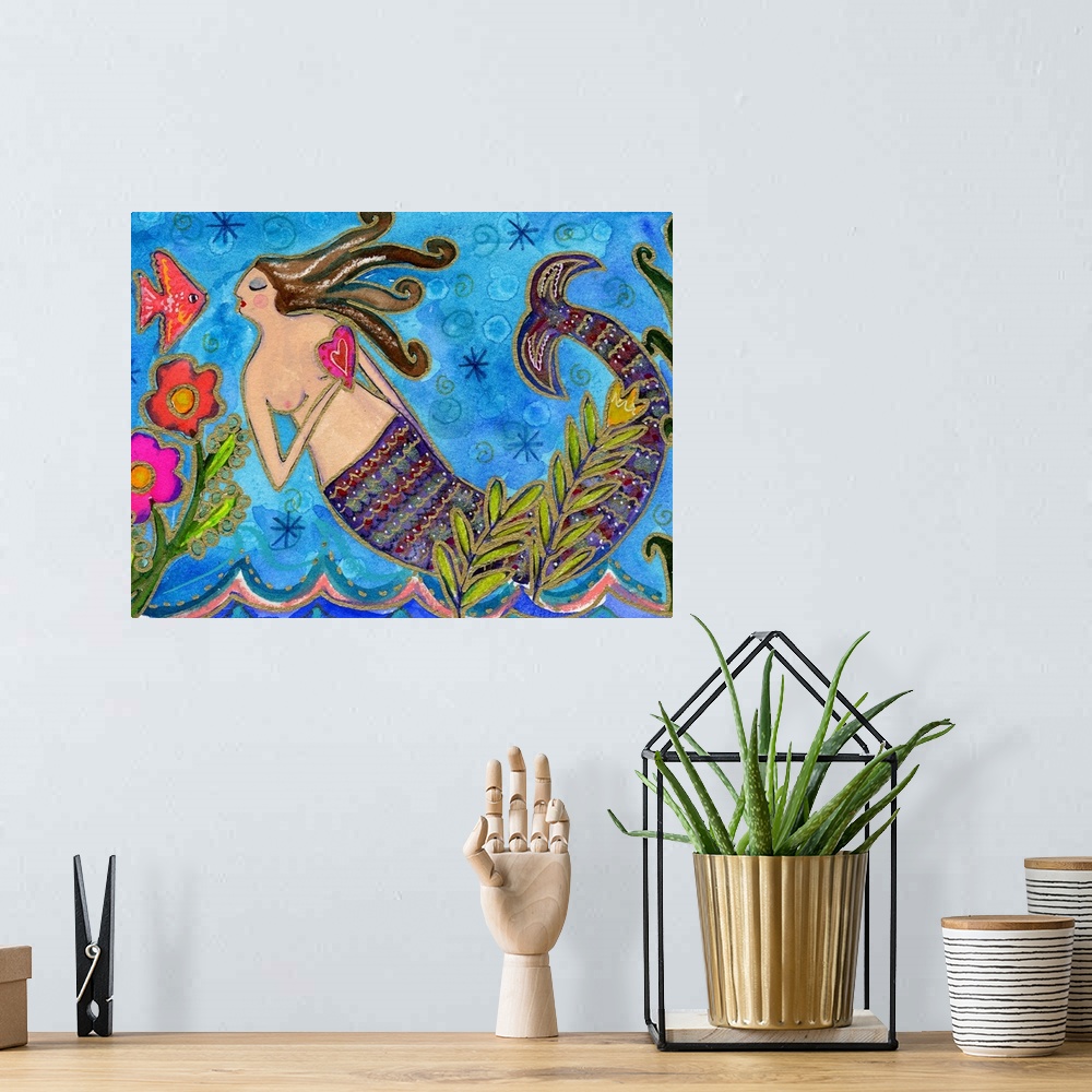 A bohemian room featuring A mermaid with a striped tail holding a heart and looking at a fish.