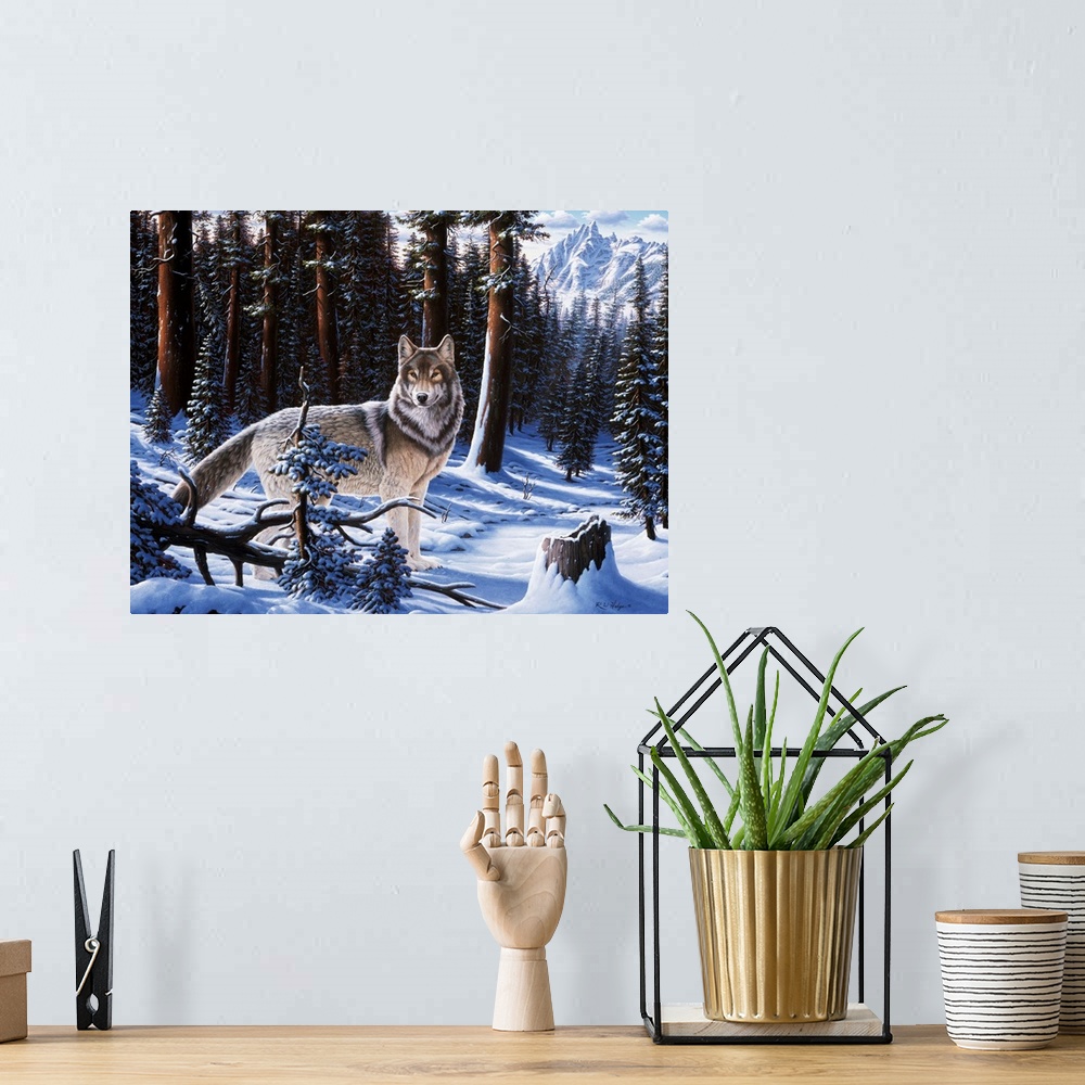 A bohemian room featuring A wolf standing in the winter forest, mountains in the background.