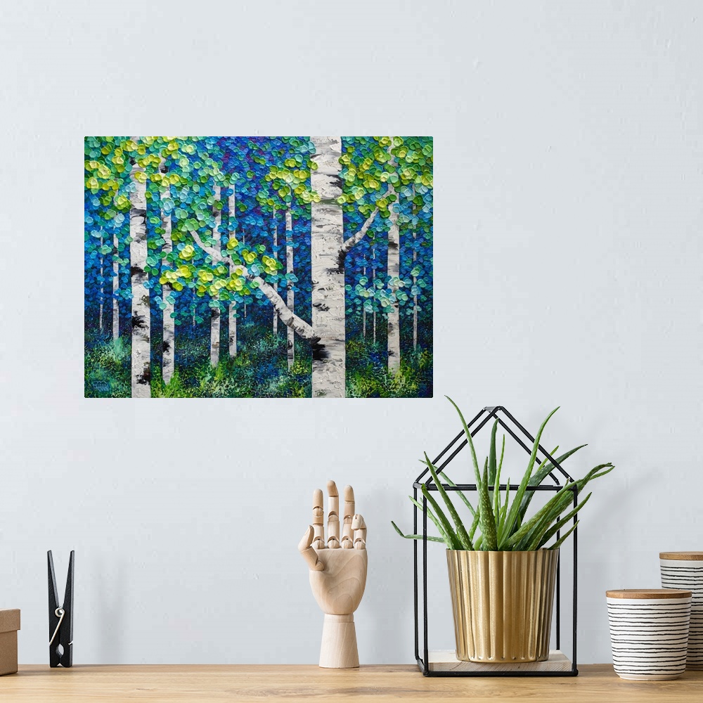 A bohemian room featuring Large original painting of green, blue, yellow aspen trees and birch trees in autumn forest by Ca...