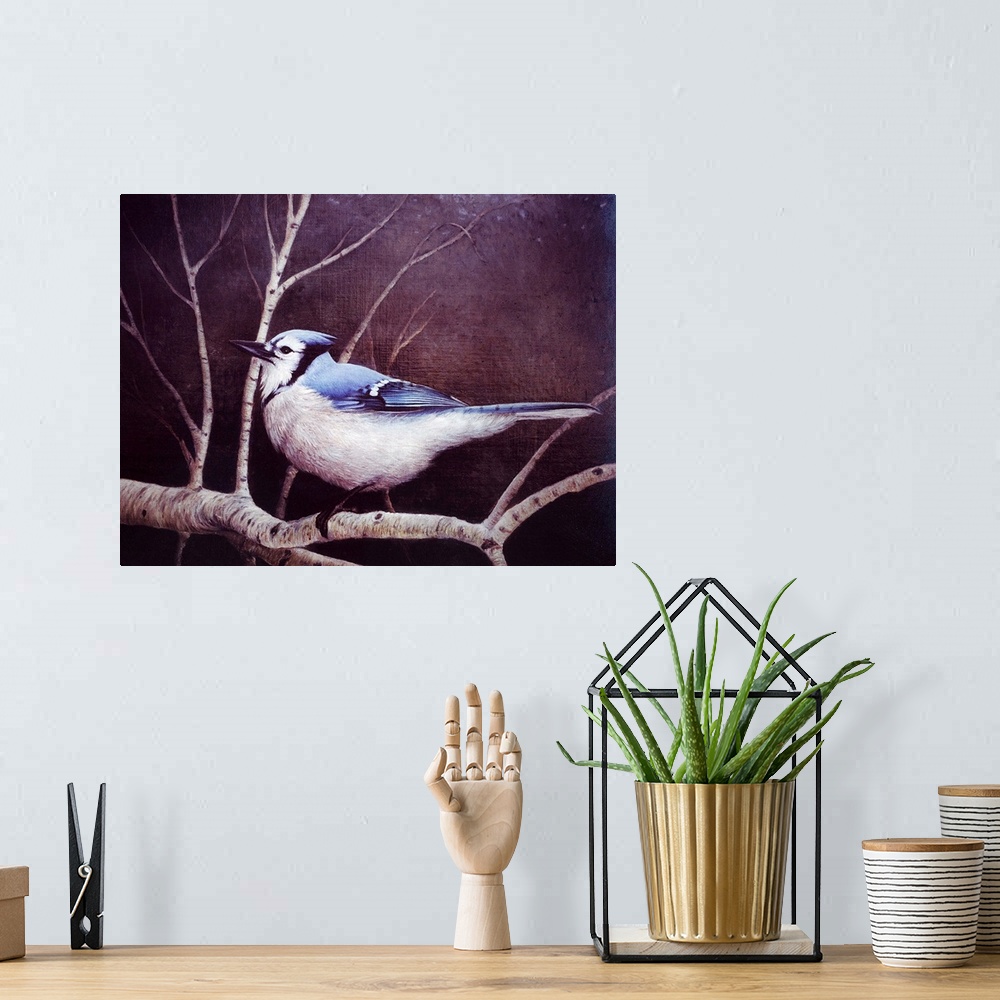 A bohemian room featuring Contemporary artwork of a blue jay on a branch.