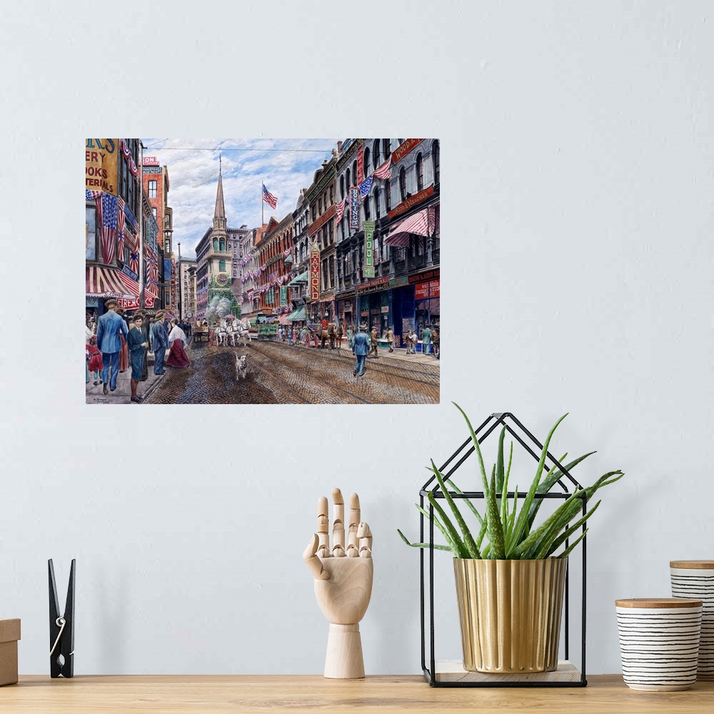 A bohemian room featuring Contemporary painting of a bustling street in Boston.