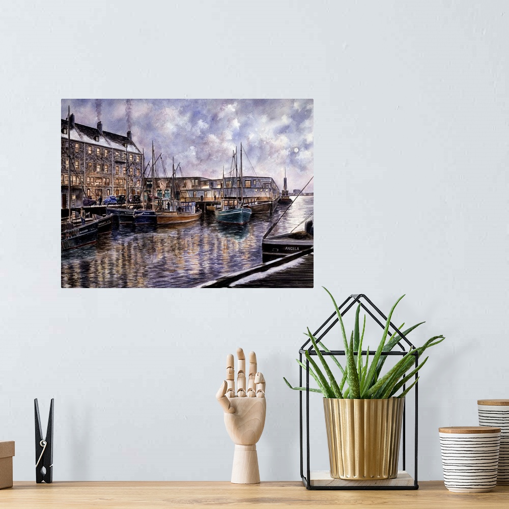 A bohemian room featuring Contemporary painting of a harbor filled with fishing boats.