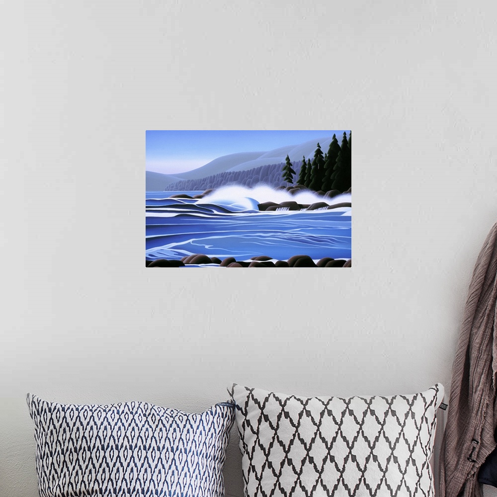 A bohemian room featuring Waves crashing over rocks with mountains and pine trees.