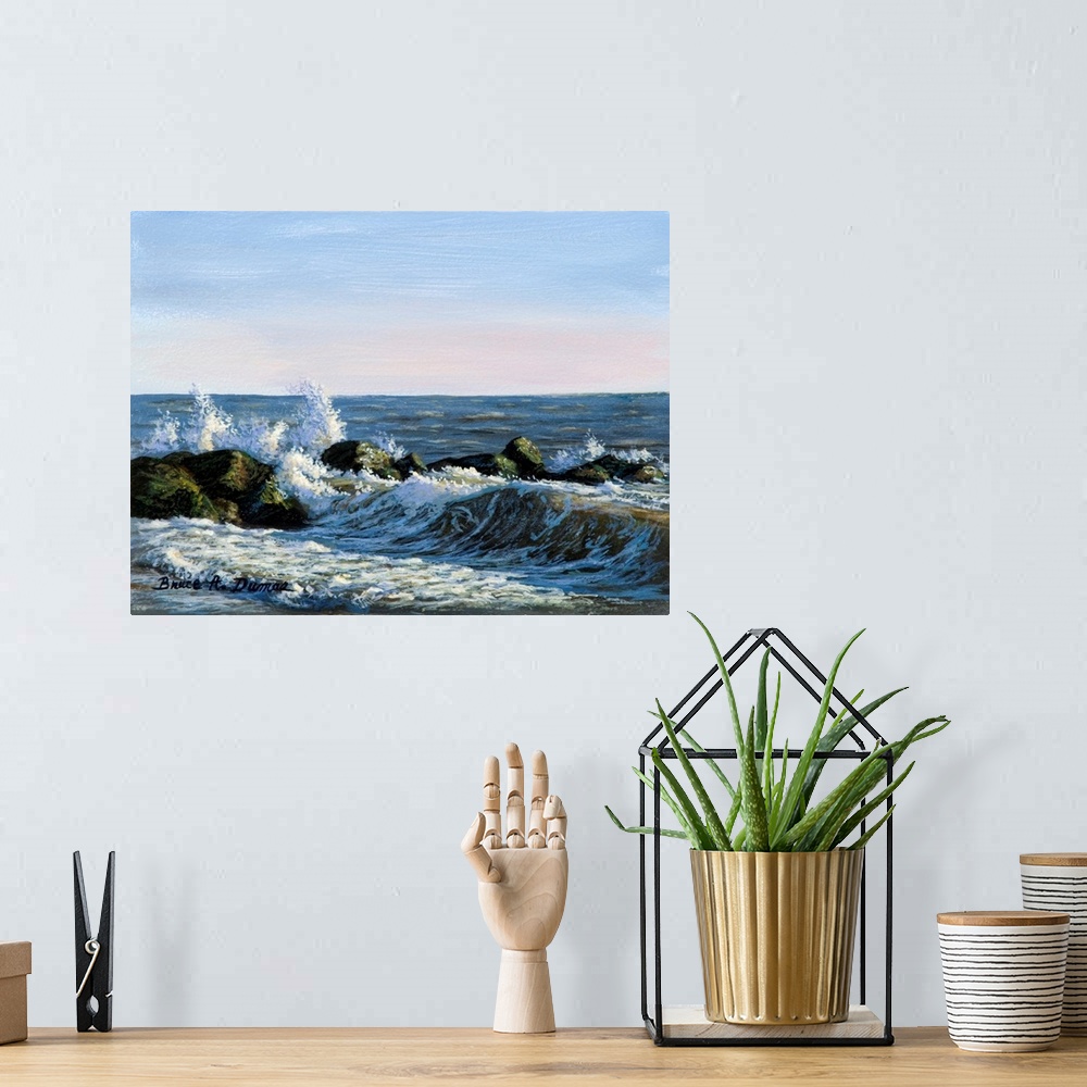 A bohemian room featuring Contemporary artwork of a seascape with splashing waves.