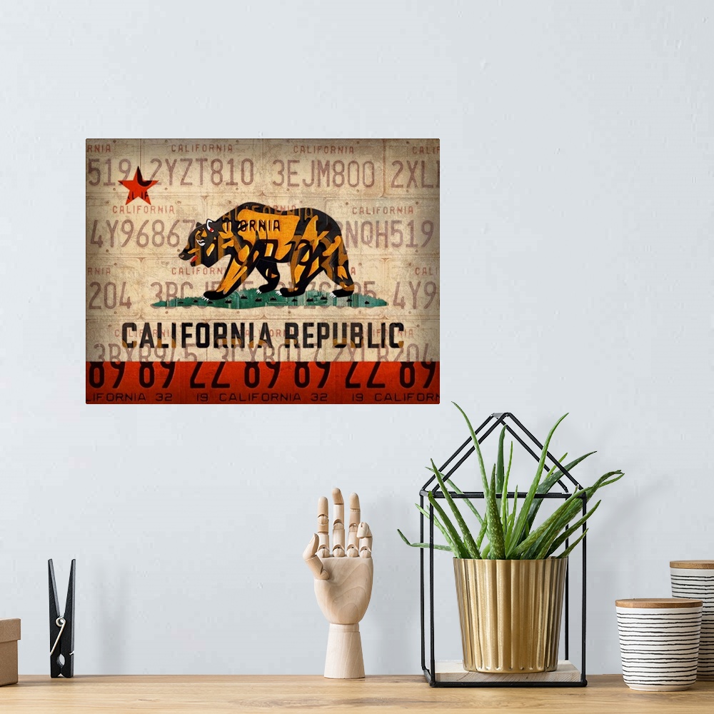 A bohemian room featuring Cali State Flag License Plates