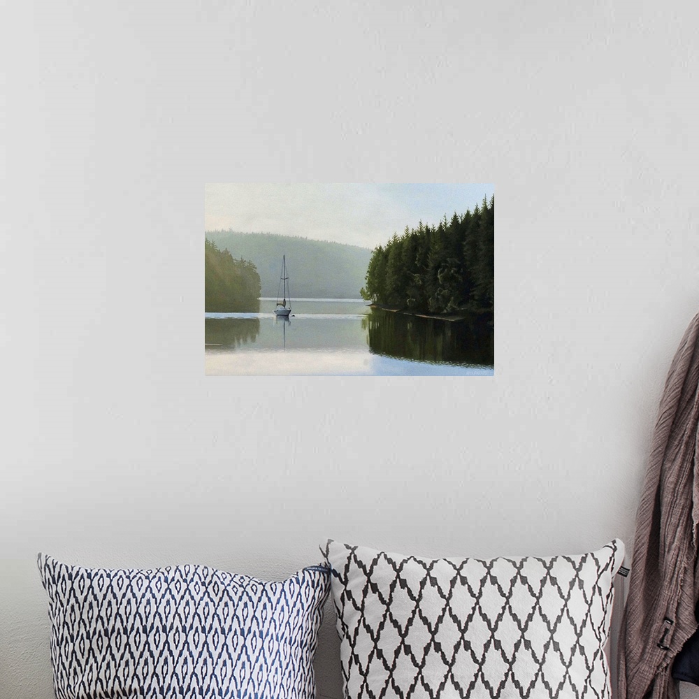 A bohemian room featuring Contemporary painting of an idyllic wilderness lake scene with a boat in the distance.