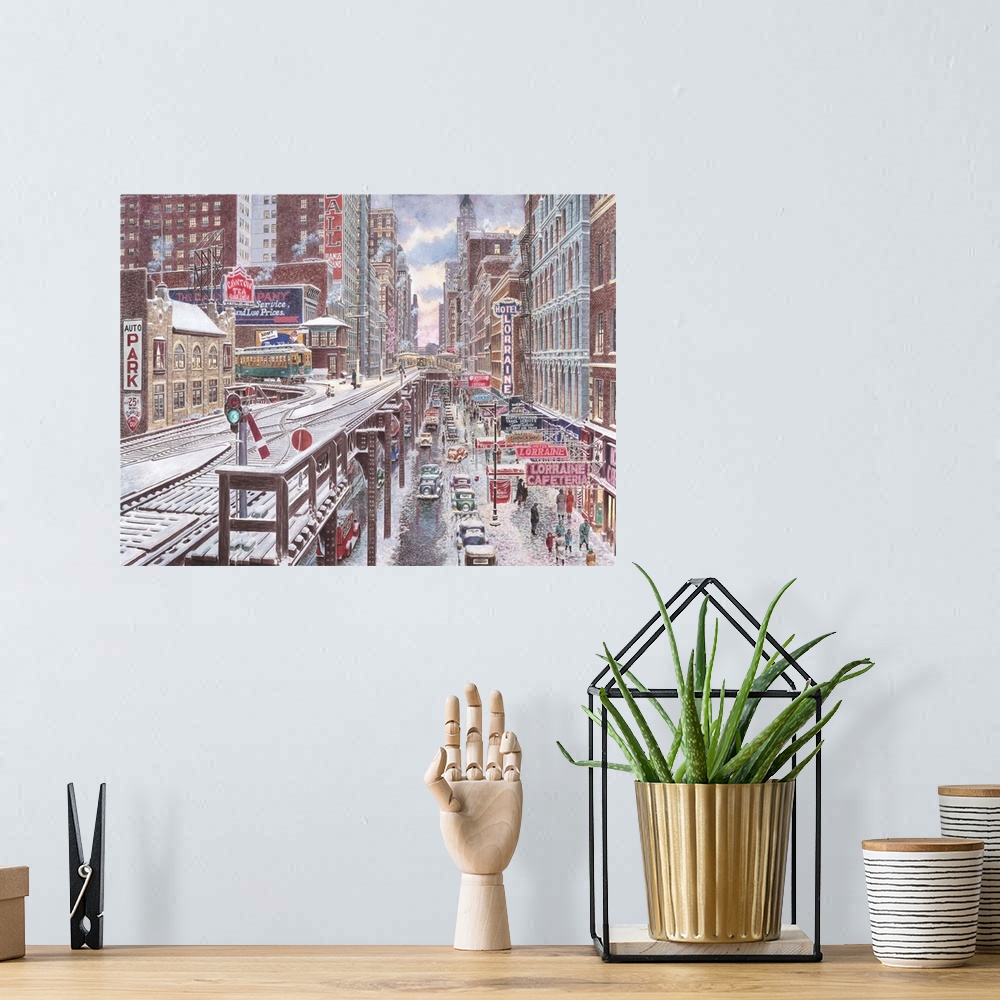 A bohemian room featuring Contemporary painting of the rails that go through the Loop in Chicago.