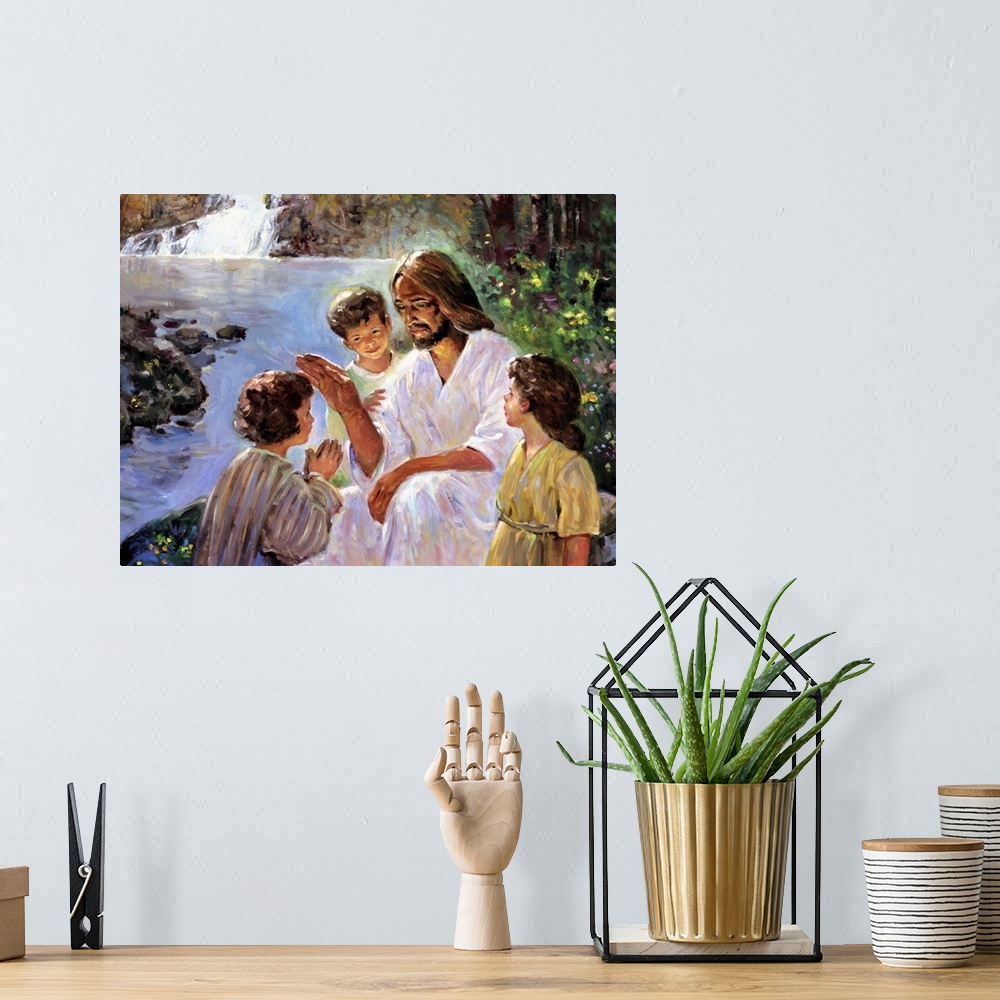 A bohemian room featuring Jesus is pictured, blessing and teaching a group of children.