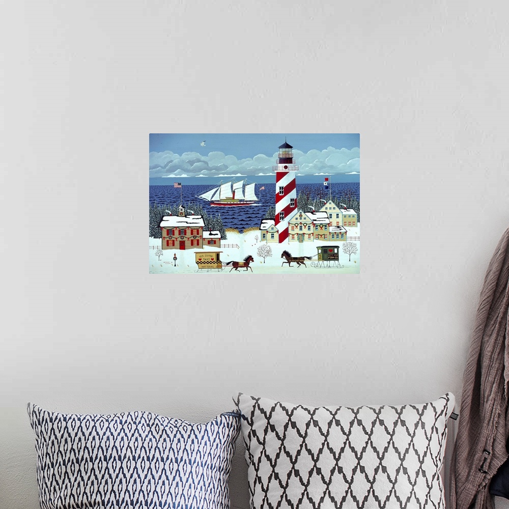 A bohemian room featuring A contemporary painting of the iconic Americana coastal village.