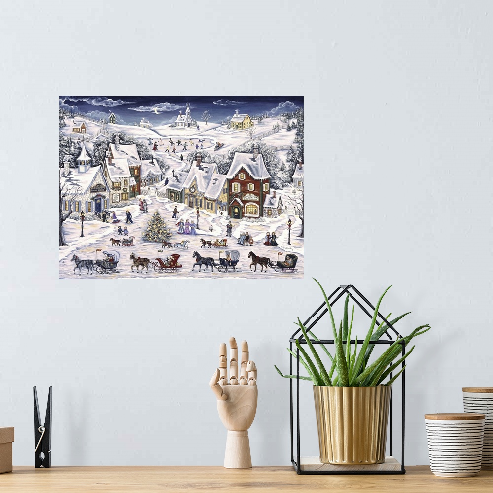A bohemian room featuring Winter christmas village scene, horses with sleigh carriages, christmas trees, carolers, houses etc.