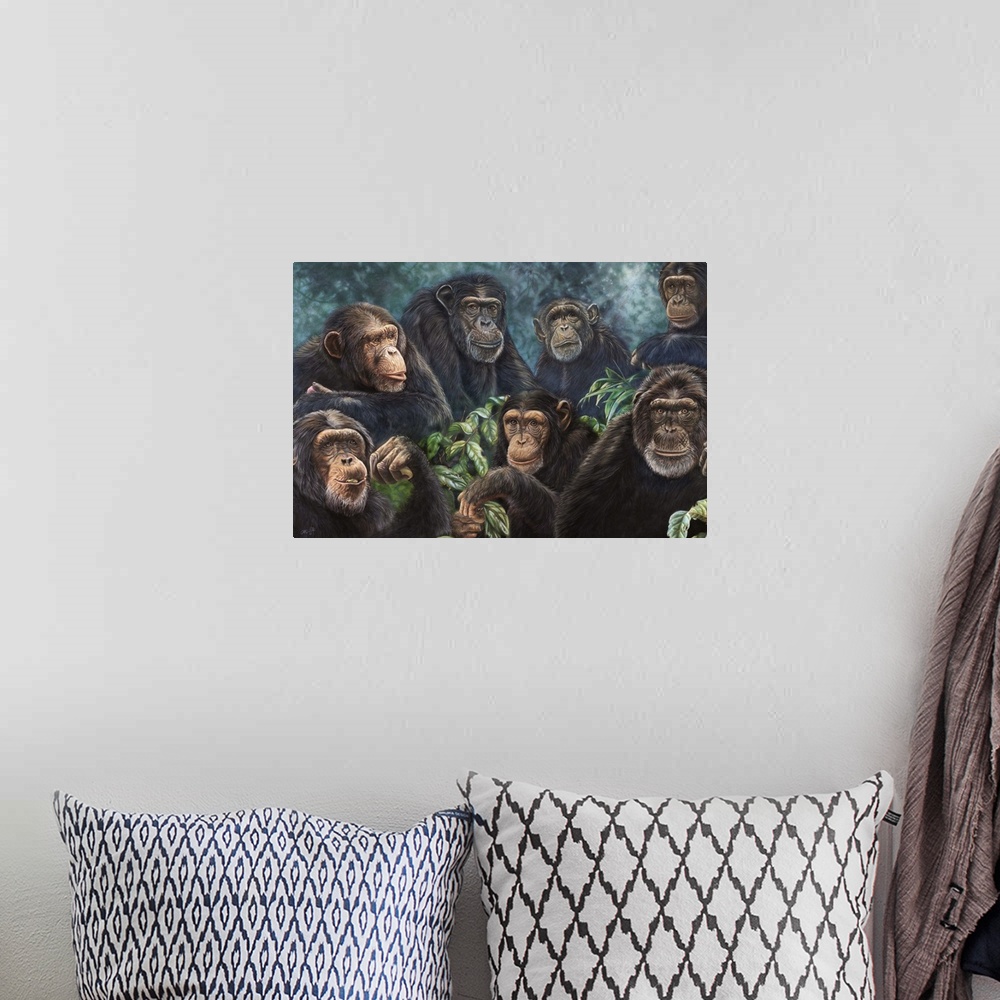 A bohemian room featuring collage of monkeys