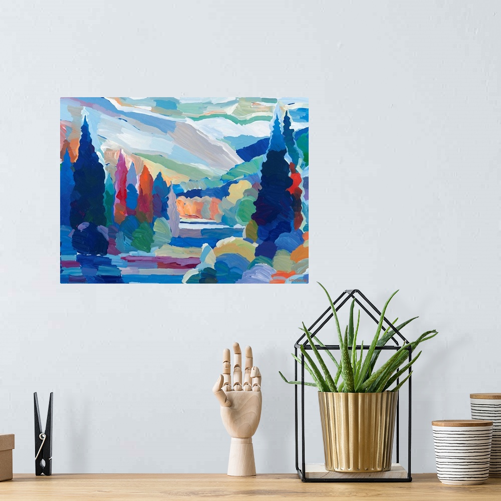 A bohemian room featuring Colorful abstract landscape with trees and mountains.