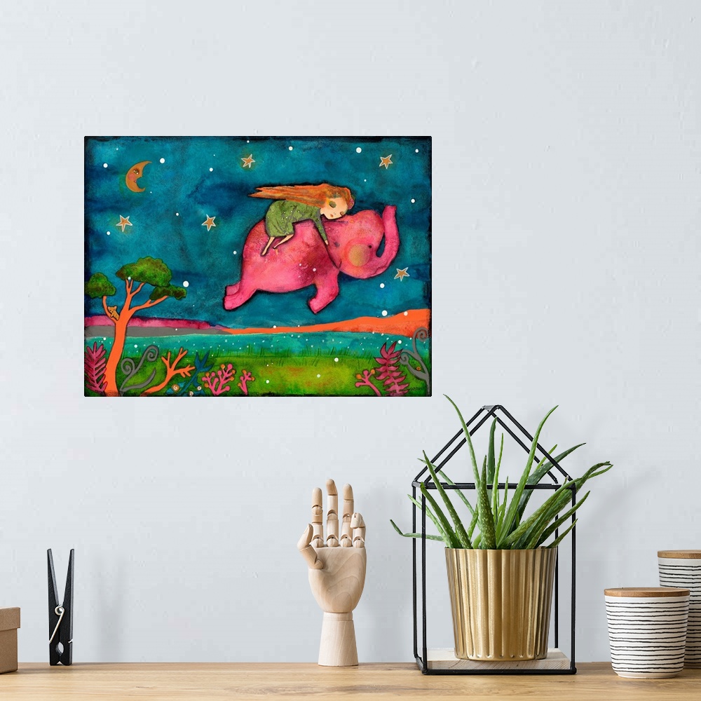 A bohemian room featuring A girl on a pink elephant flying through the night sky.