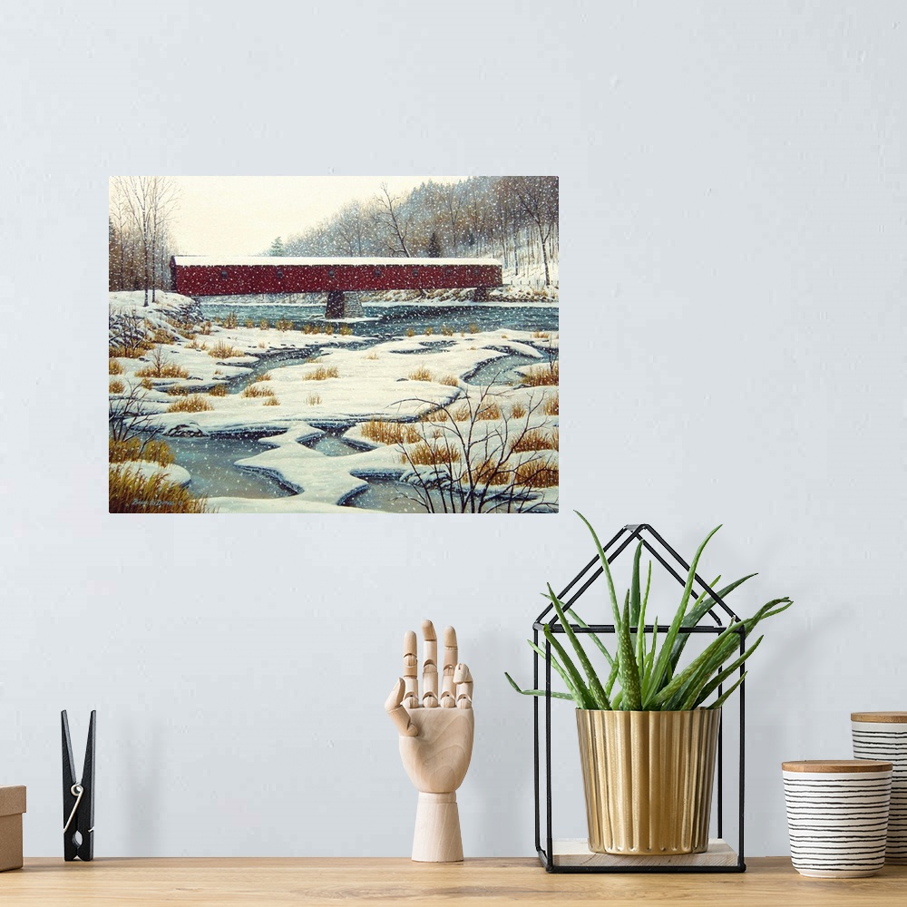 A bohemian room featuring Contemporary artwork of a covered bridge over a stream in winter time.