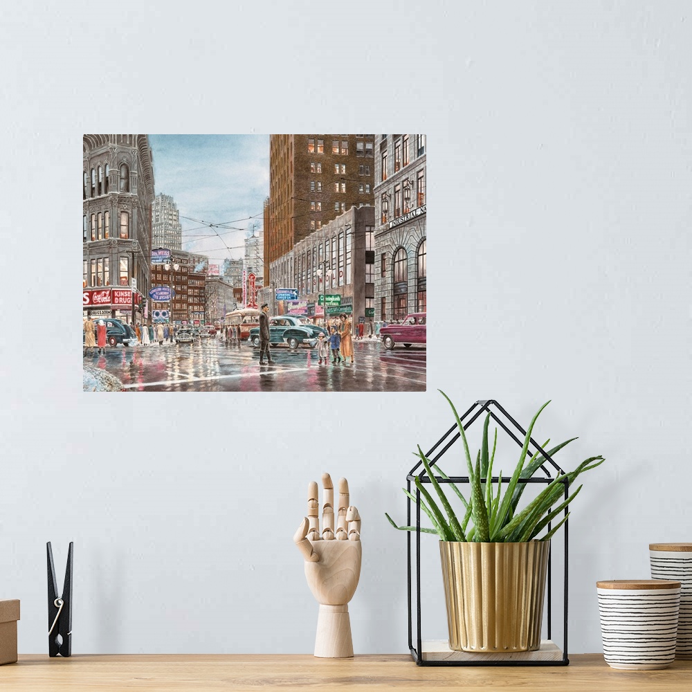 A bohemian room featuring Contemporary painting of a bustling city street crossing.