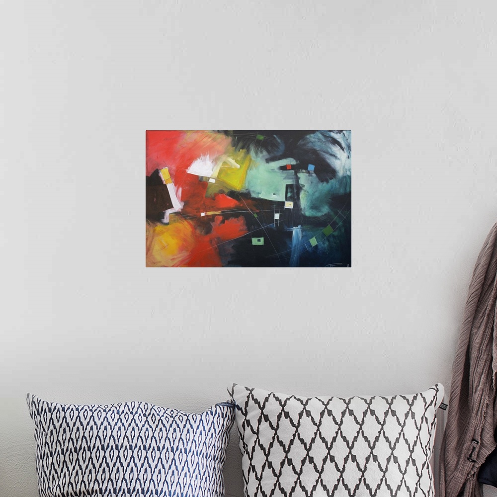 A bohemian room featuring Abstract painting with bold colors and contrasting lights and darks.