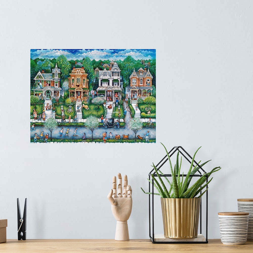A bohemian room featuring Three houses with walkways, many dandelions and people.