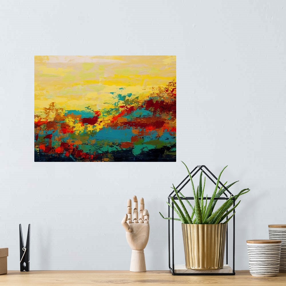 A bohemian room featuring Contemporary abstract painting in blues and yellows, resembling an arid landscape.