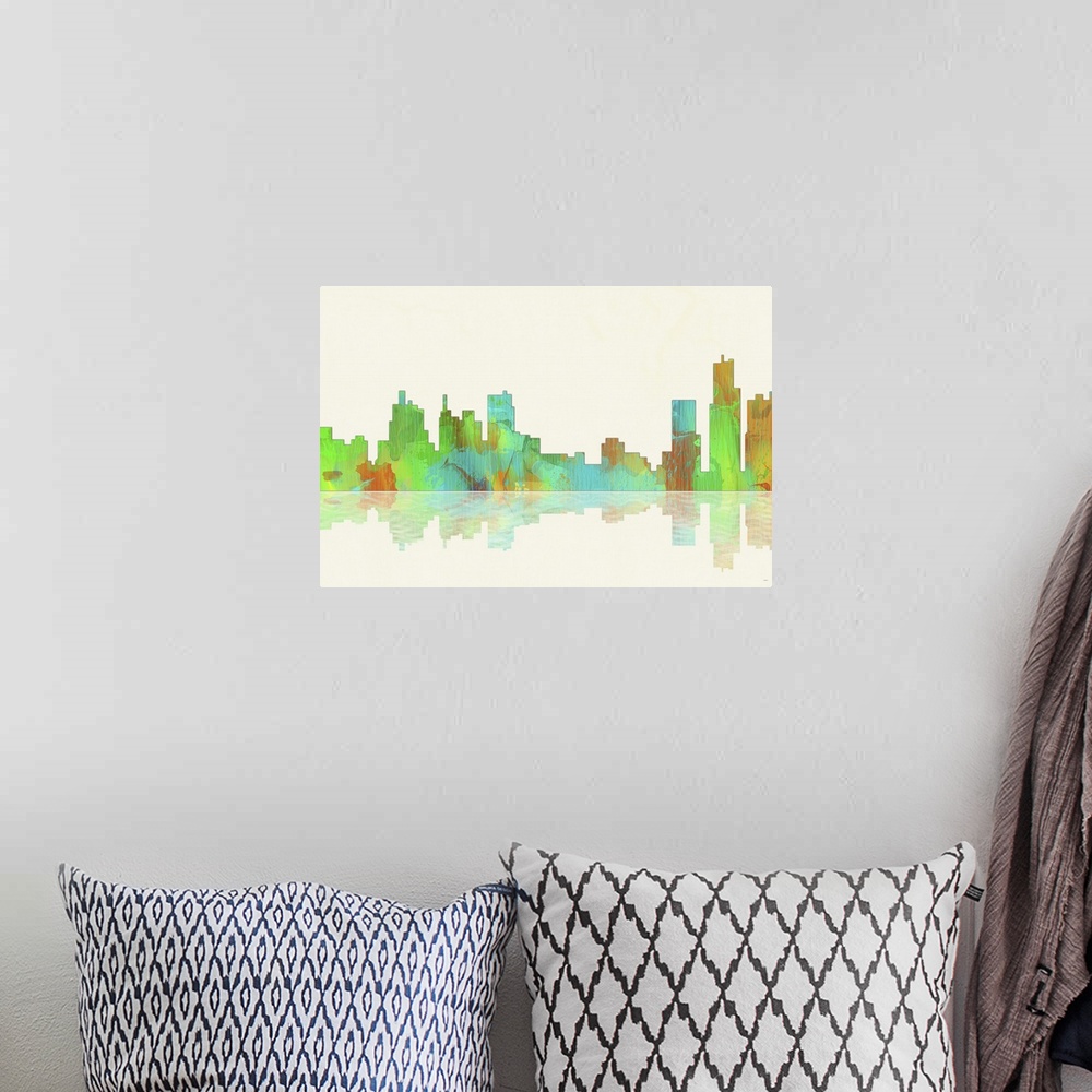 A bohemian room featuring Contemporary colorful city skyline casting mirror-like reflection.