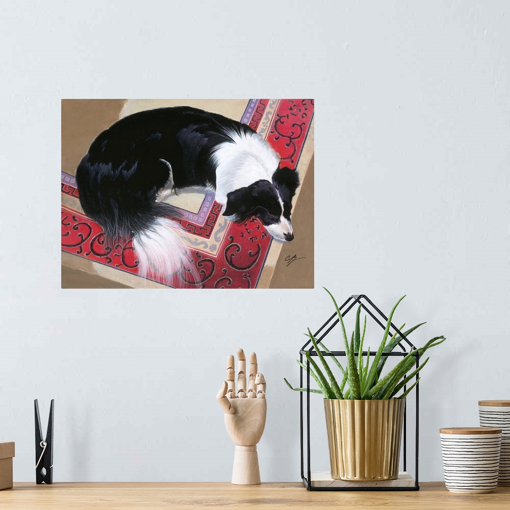 A bohemian room featuring Contemporary painting of a black and white dog laying on a red oriental rug.